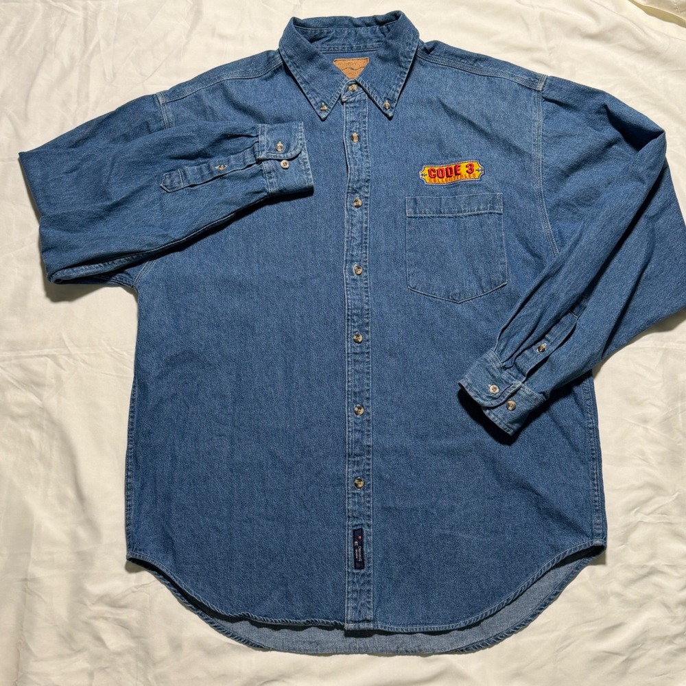 Port Authority Mens Denim Shirt Blue Code 3 Collectibles Fire Truck Graphic L - Picture 2 of 11